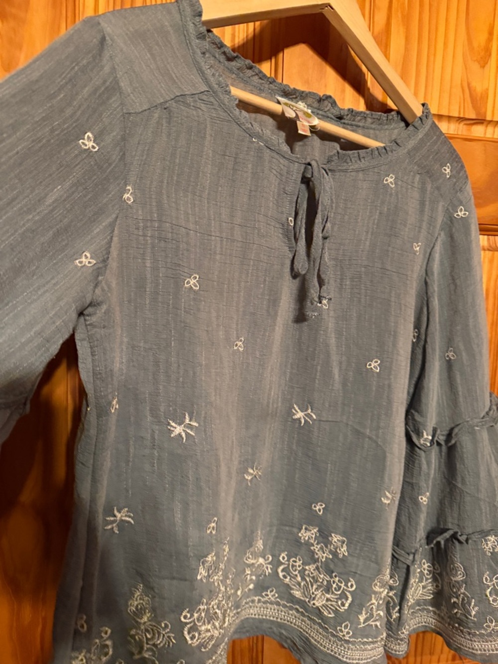 Fig and Flower Slate Blue Embroidered Ruffle-Sleeve Blouse - Picture 5 of 10